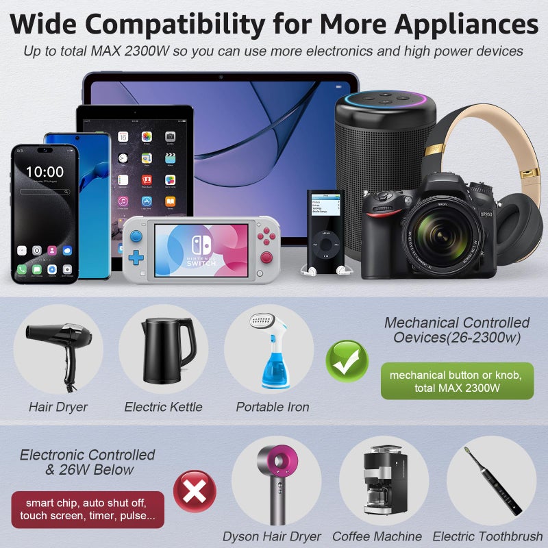 محول جهد 2300 واط محول طاقة دولي خافض 220 فولت/240 فولت إلى 110 فولت/120 فولت محول سفر مع 4 منافذ USB و 3 منافذ AC و 7 محولات قابس عالمية EU/US/AU/IT/UK/الهند/جنوب أفريقيا - Image 4